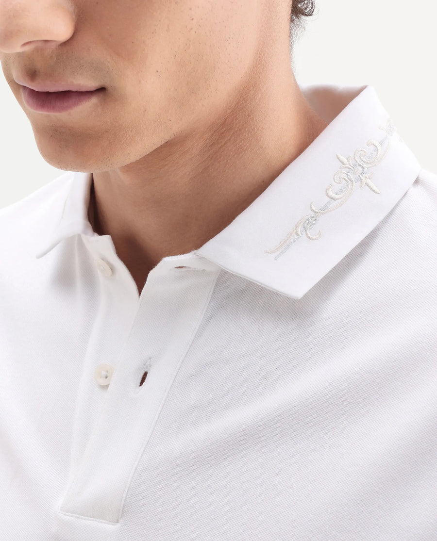 Rare Rabbit Men's Trak White Cotton Blend Fabric Half Sleeve Spread Collar Embroidered Polo