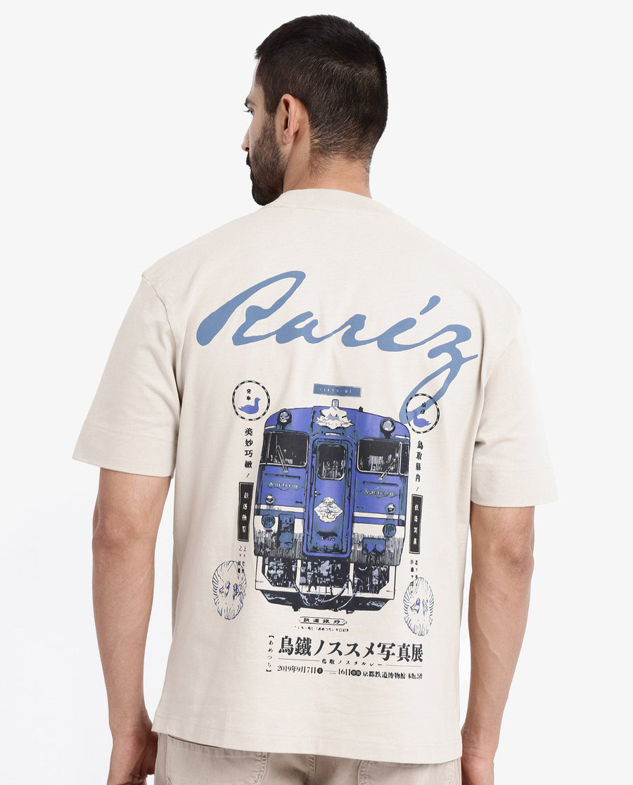 Rare Rabbit Men's Trams Beige Cotton Graphic Print Oversized Fit Half Sleeve Crew Neck T-Shirt
