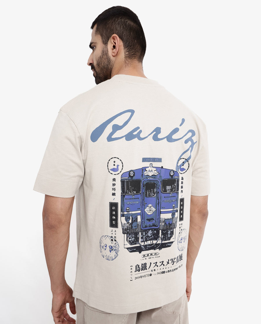 Rare Rabbit Men's Trams Beige Cotton Graphic Print Oversized Fit Half Sleeve Crew Neck T-Shirt
