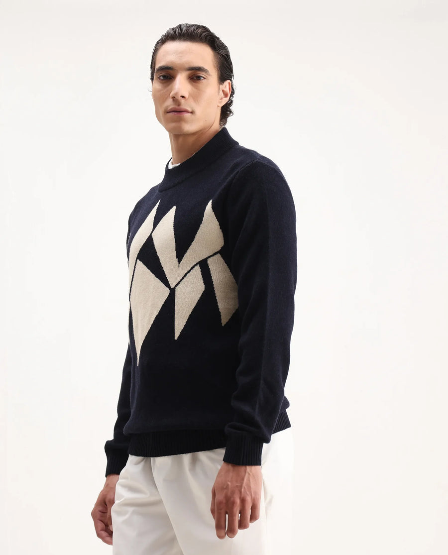 Rare Rabbit Men's Tran Navy Acrylic Abstract Print Regular Fit Full Sleeve Crew Neck Sweater