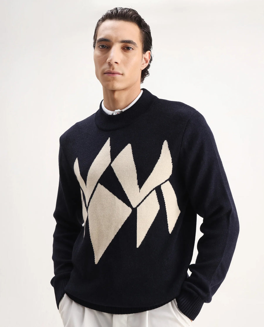 Rare Rabbit Men's Tran Navy Acrylic Abstract Print Regular Fit Full Sleeve Crew Neck Sweater