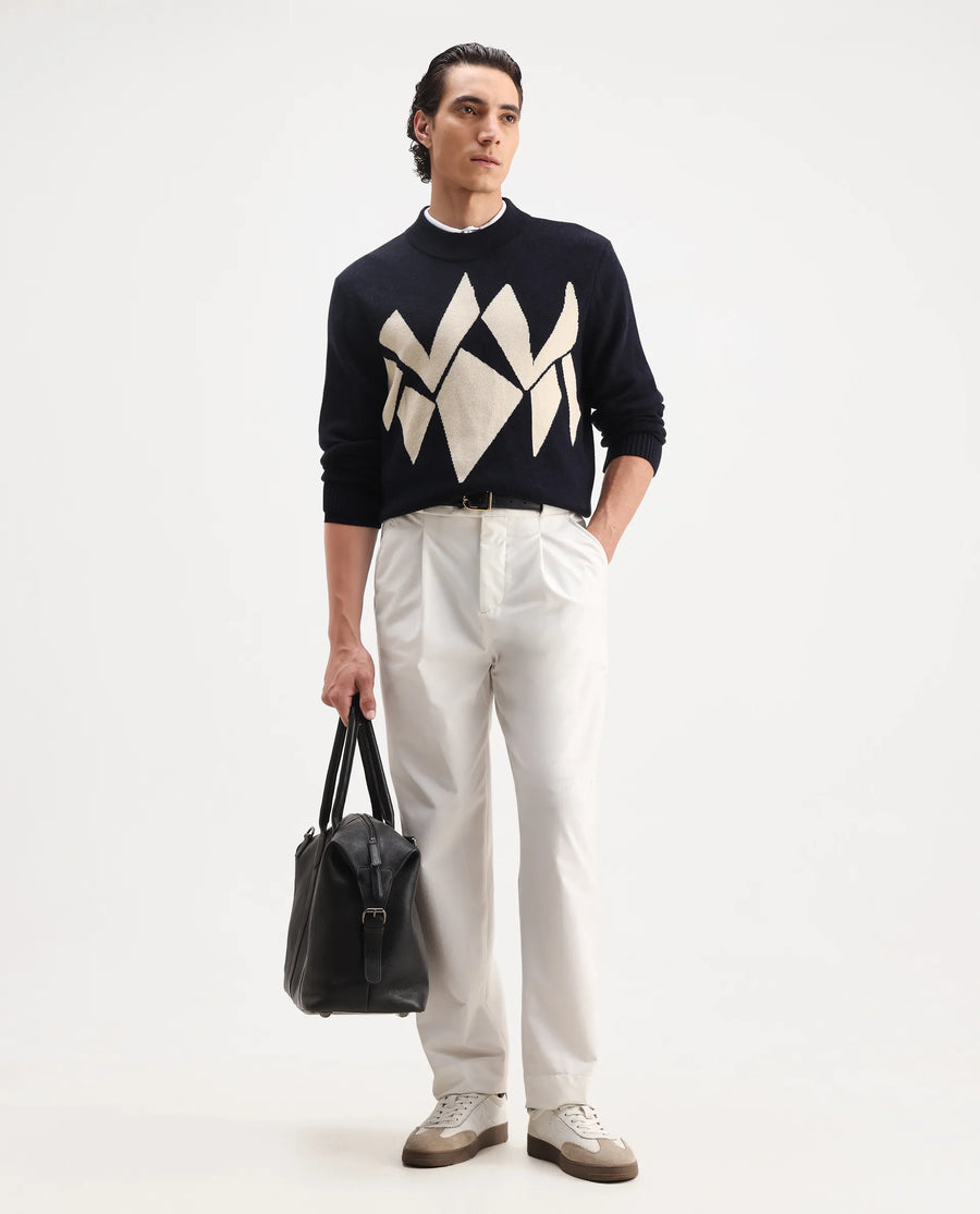 Rare Rabbit Men's Tran Navy Acrylic Abstract Print Regular Fit Full Sleeve Crew Neck Sweater