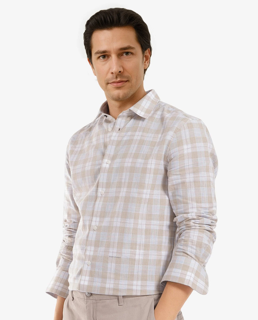 Rare Rabbit Men's Tratin Dusky Beige Cotton Checked Print Regular Fit Full Sleeve Collared Shirt