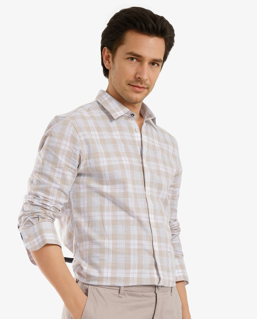 Rare Rabbit Men's Tratin Dusky Beige Cotton Checked Print Regular Fit Full Sleeve Collared Shirt