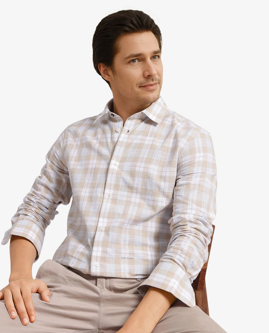 Rare Rabbit Men's Tratin Dusky Beige Cotton Checked Print Regular Fit Full Sleeve Collared Shirt