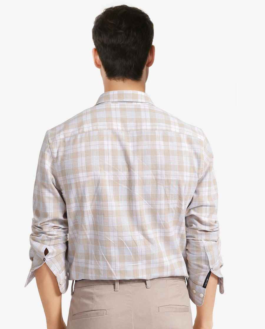 Rare Rabbit Men's Tratin Dusky Beige Cotton Checked Print Regular Fit Full Sleeve Collared Shirt
