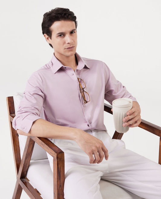 Rare Rabbit Men's Tour Pastel Pink Cotton Blend Plain Regular Fit Full Sleeve Collared Shirt