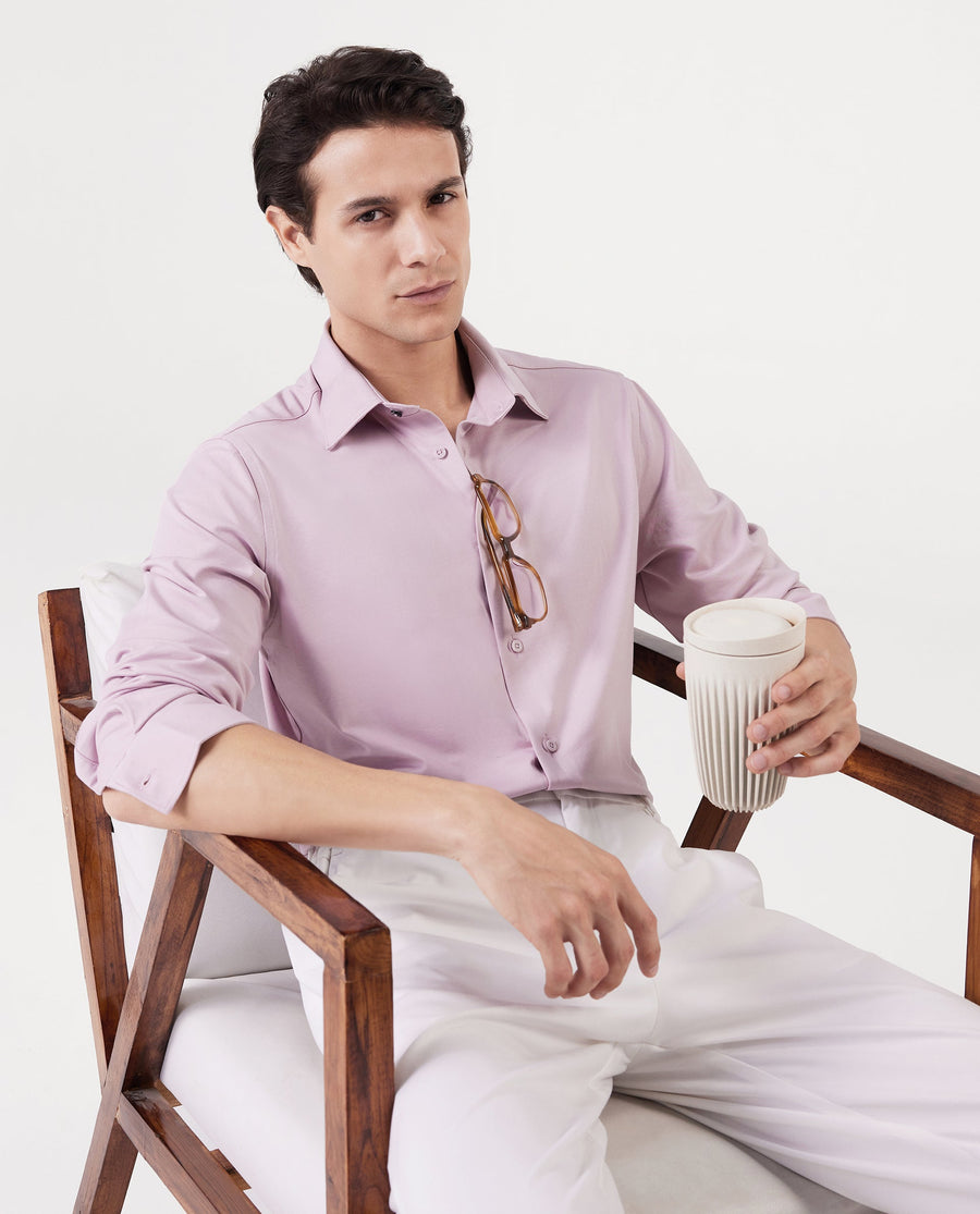Rare Rabbit Men's Tour Pastel Pink Cotton Blend Plain Regular Fit Full Sleeve Collared Shirt