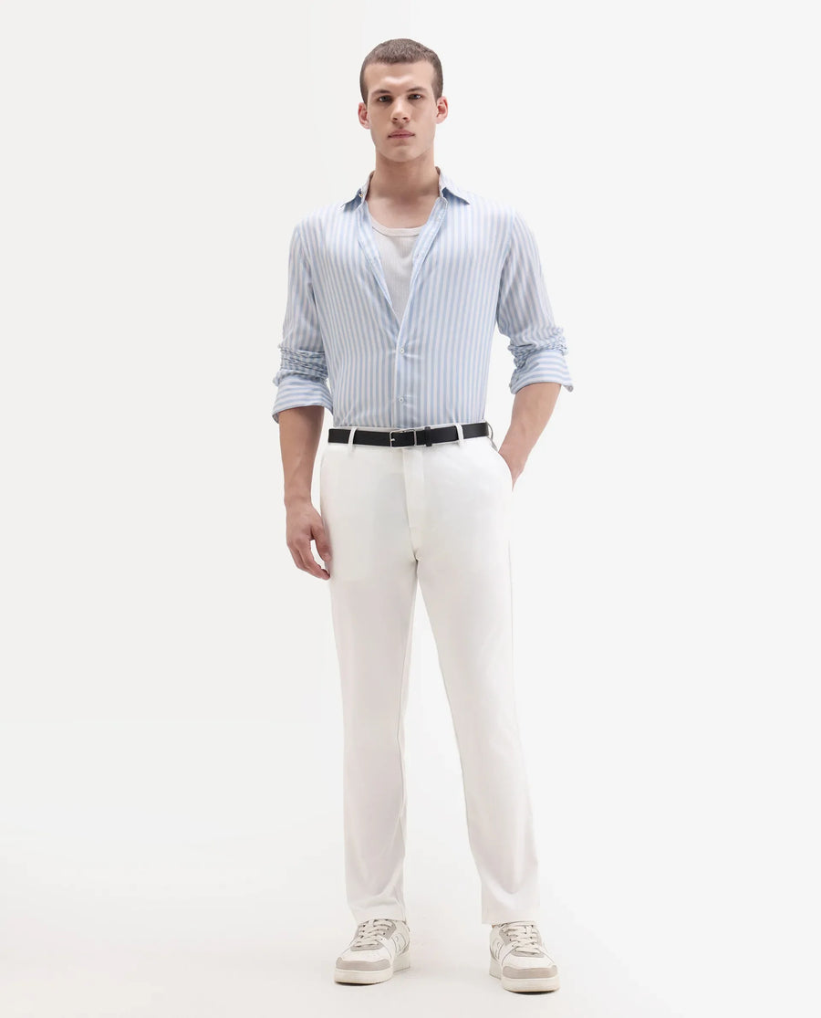 Rare Rabbit Men's Travel-11 White Polyester Blend Plain Regular Fit Trouser