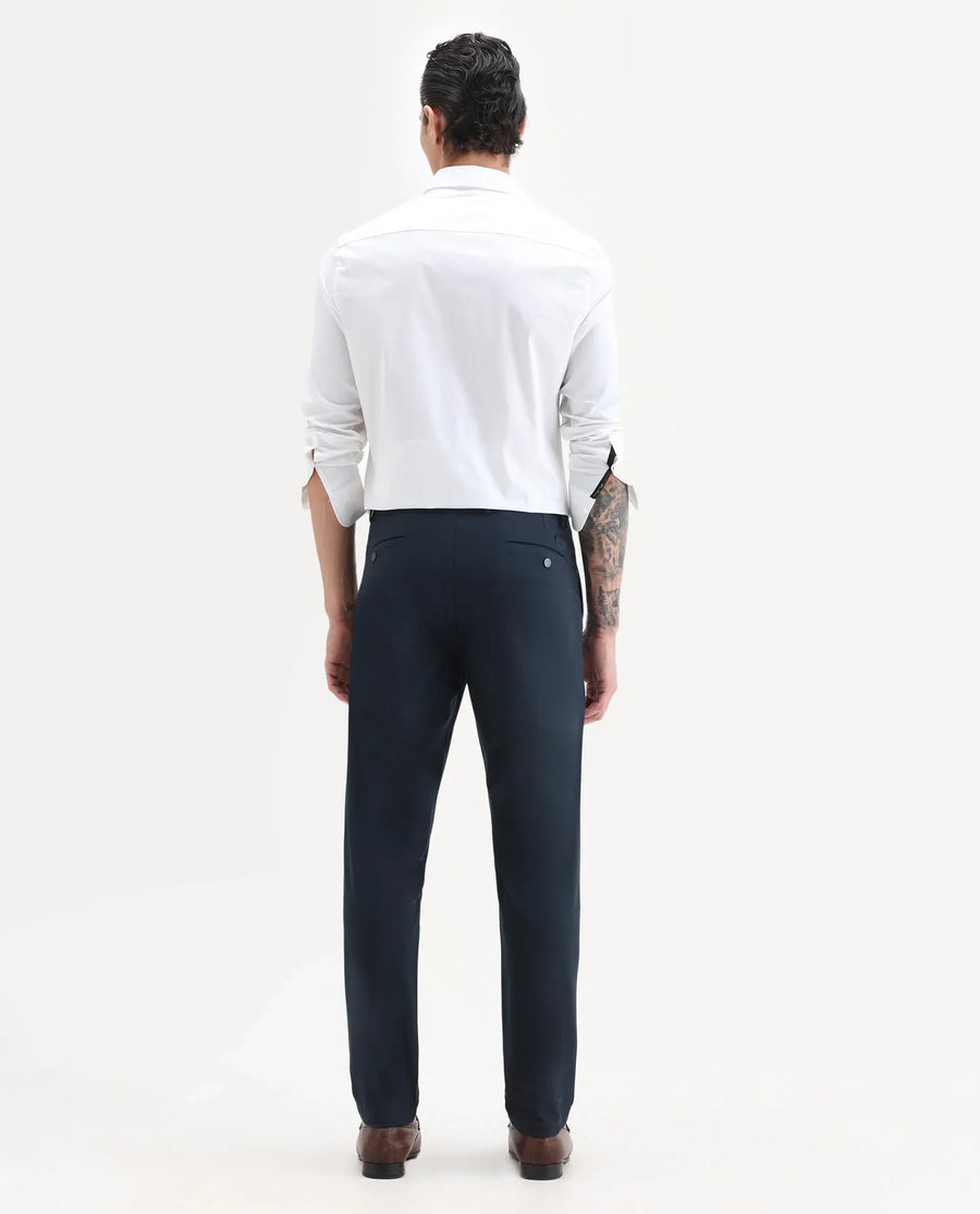 Rare Rabbit Men's Travel-25 Navy Polyester Blend Plain Regular Fit Trouser