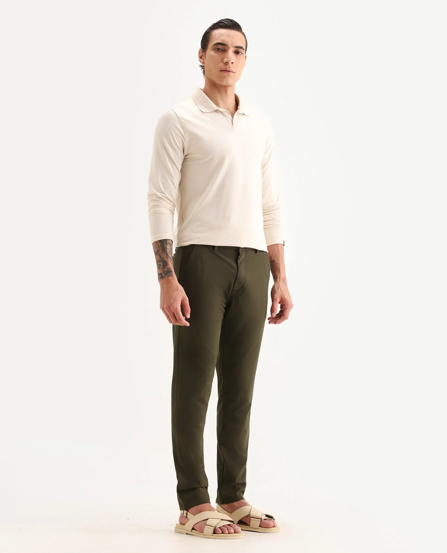 Rare Rabbit Men's Travel-25 Olive Polyester Blend Plain Regular Fit Trouser