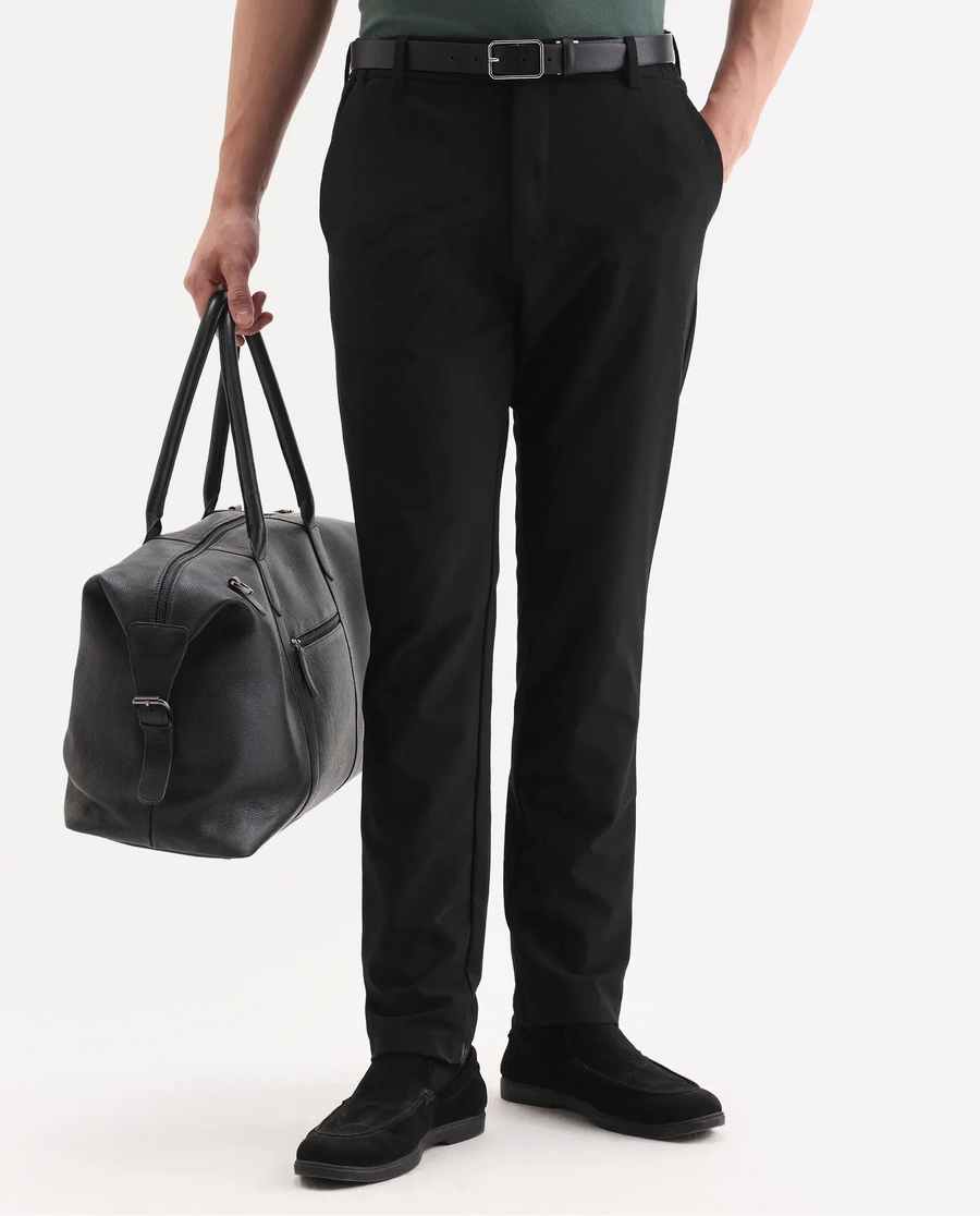 Rare Rabbit Men's Travel 26 Black Polyester Blend Plain Regular Fit Trouser