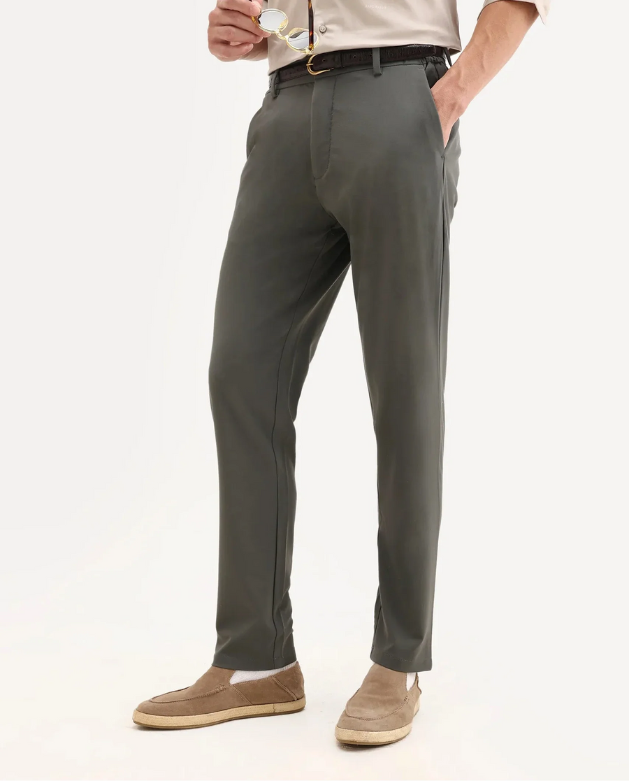 Rare Rabbit Men's Travel-26 Olive Polyester Blend Plain Regular Fit Trouser