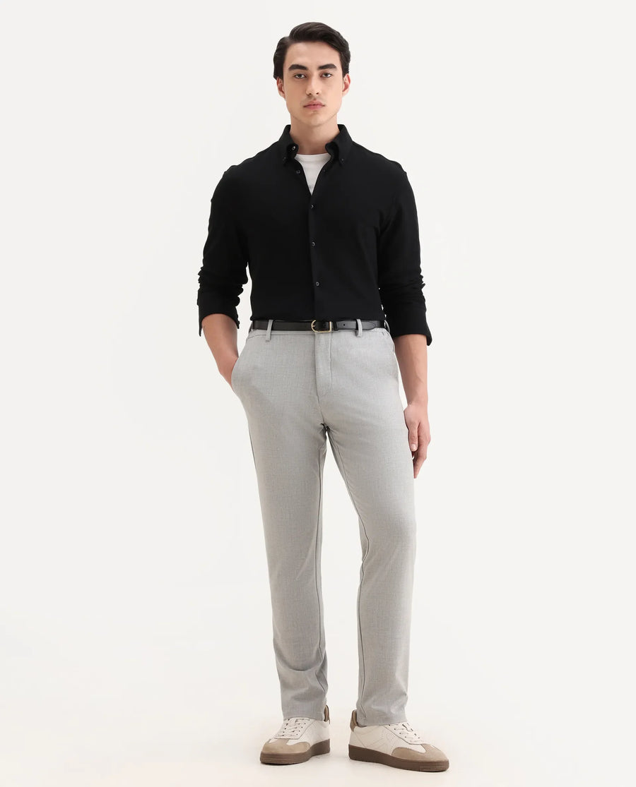 Rare Rabbit Men's Travel-26R Grey Polyester Blend Plain Regular Fit Trouser
