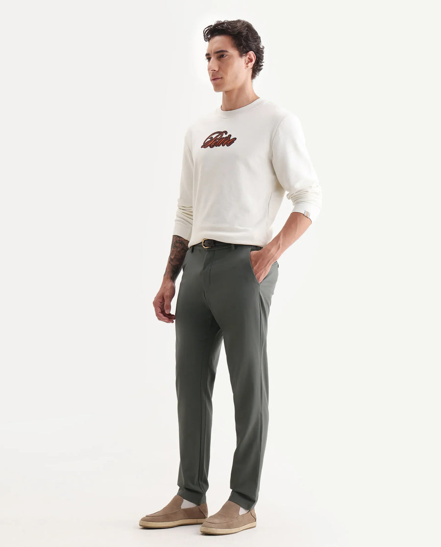 Rare Rabbit Men's Travel-26R Olive Polyester Blend Plain Regular Fit Trouser