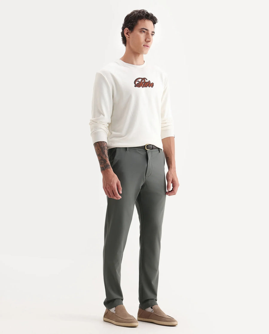 Rare Rabbit Men's Travel-26R Olive Polyester Blend Plain Regular Fit Trouser