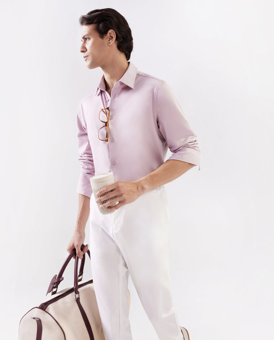 Rare Rabbit Men's Tour Pastel Pink Cotton Blend Plain Regular Fit Full Sleeve Collared Shirt
