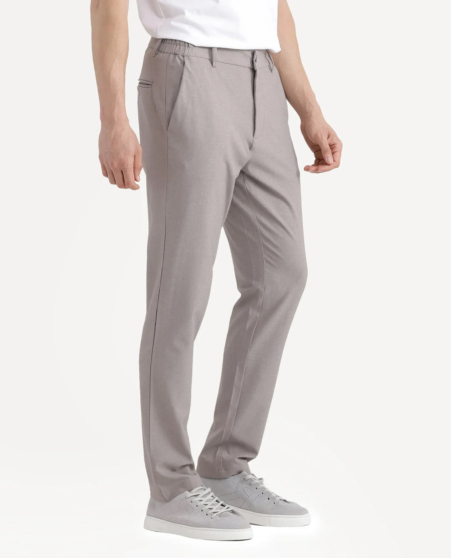 Rare Rabbit Men Travel-Stk Dark Beige Polyester Fabric Button And Zip Closure Closure Plain Trouser