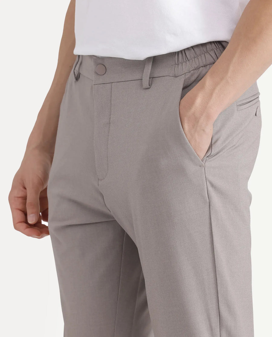 Rare Rabbit Men Travel-Stk Dark Beige Polyester Fabric Button And Zip Closure Closure Plain Trouser