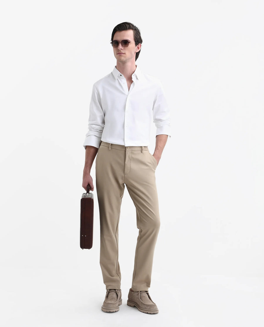 Rare Rabbit Men's Travel-Stk Light Beige Polyester Blend Plain Regular Fit Trouser