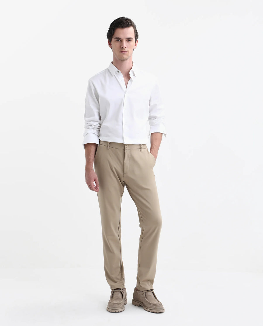 Rare Rabbit Men's Travel-Stk Light Beige Polyester Blend Plain Regular Fit Trouser