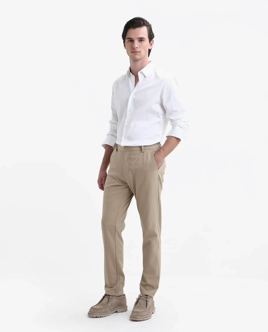 Rare Rabbit Men's Travel-Stk Light Beige Polyester Blend Plain Regular Fit Trouser