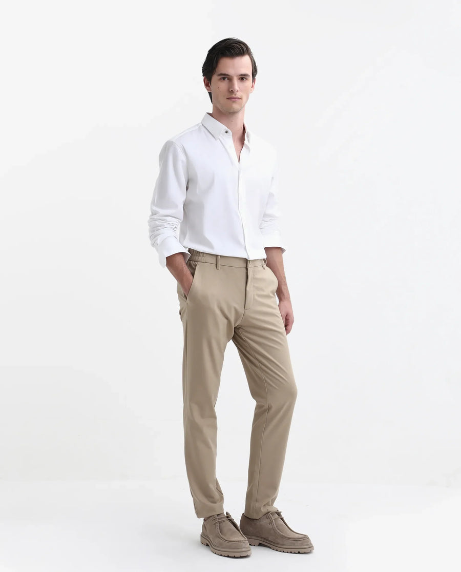 Rare Rabbit Men's Travel-Stk Light Beige Polyester Blend Plain Regular Fit Trouser