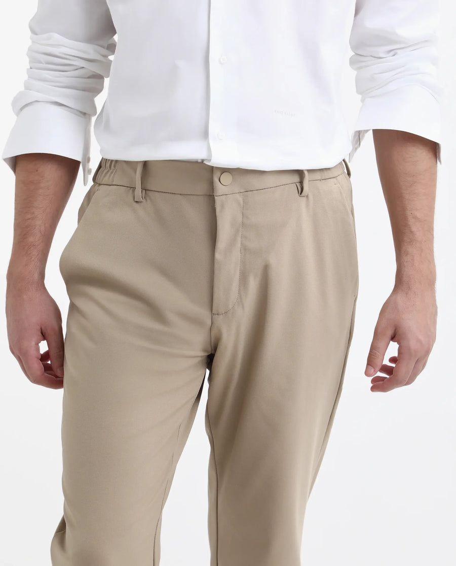 Rare Rabbit Men's Travel-Stk Light Beige Polyester Blend Plain Regular Fit Trouser