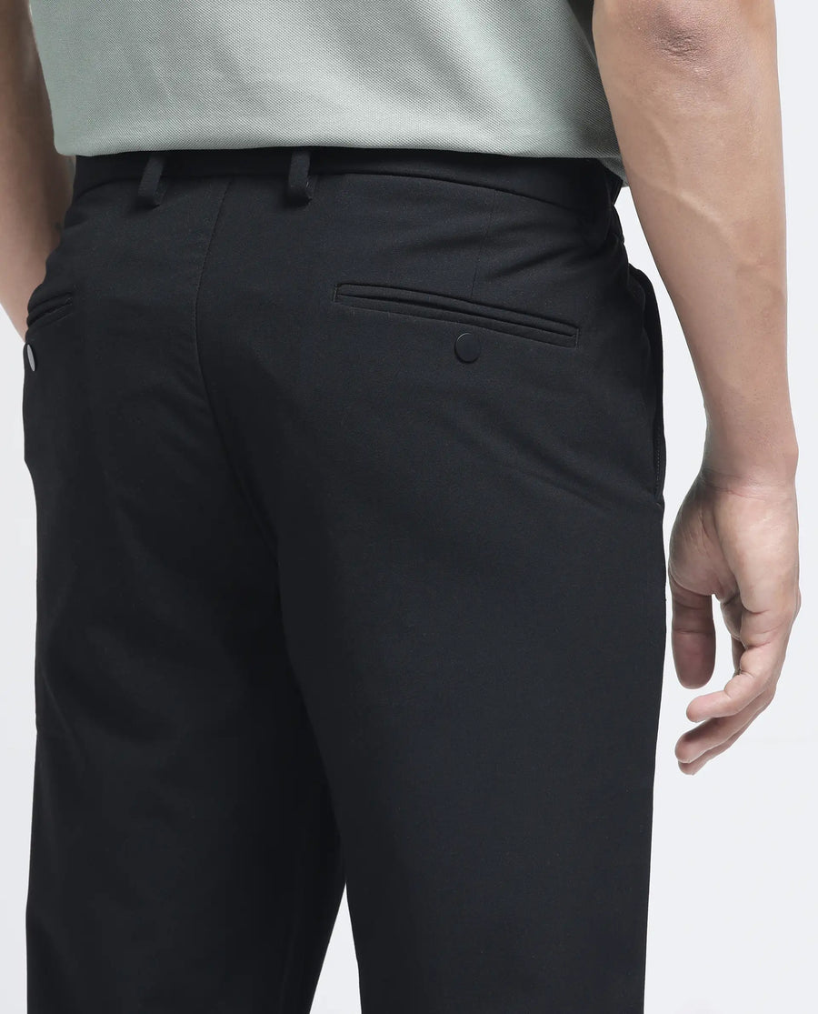 Rare Rabbit Men's Travel-26R Black Polyester Blend Plain Regular Fit Trouser