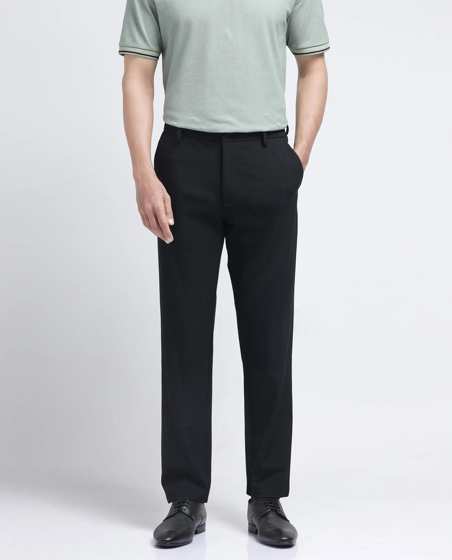 Rare Rabbit Men's Travel-26R Black Polyester Blend Plain Regular Fit Trouser