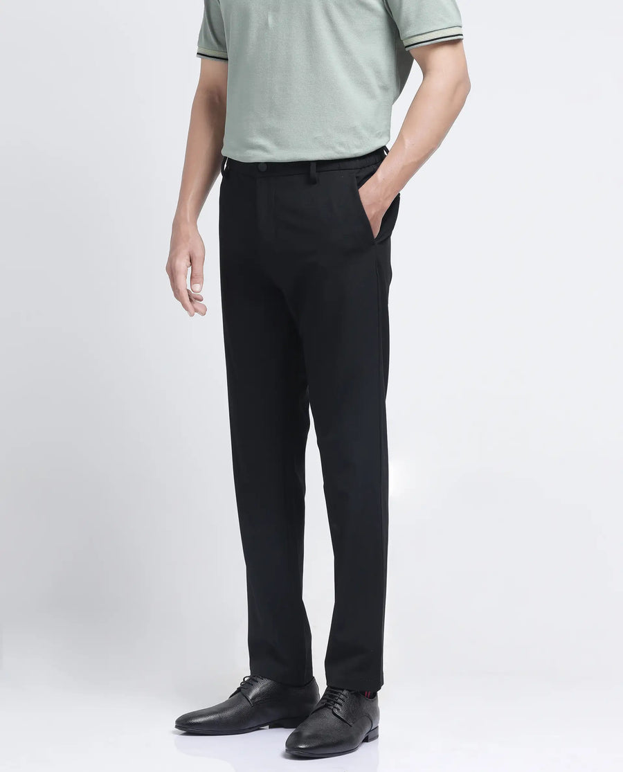 Rare Rabbit Men's Travel-26R Black Polyester Blend Plain Regular Fit Trouser