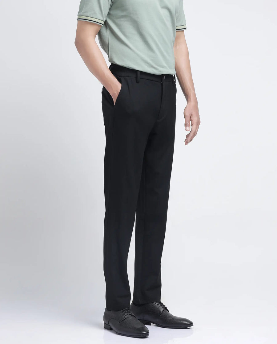 Rare Rabbit Men's Travel-26R Black Polyester Blend Plain Regular Fit Trouser