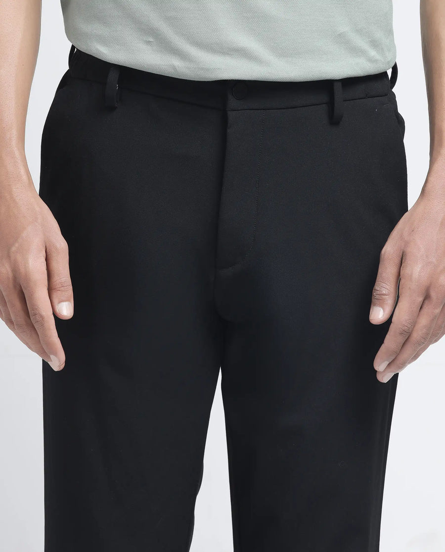 Rare Rabbit Men's Travel-26R Black Polyester Blend Plain Regular Fit Trouser
