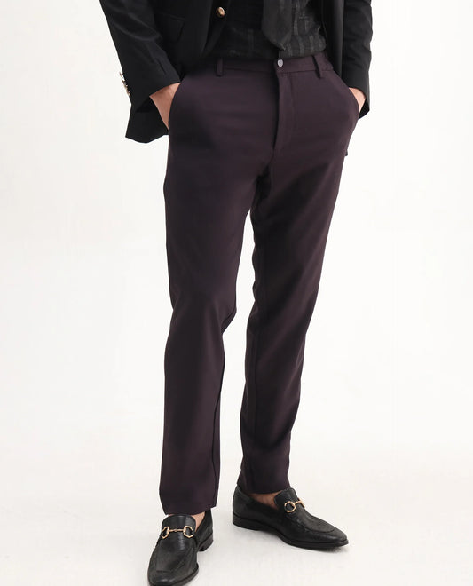 Rare Rabbit Men's Travel-Aw25 Dark Maroon Polyester Blend Plain Regular Fit Trouser