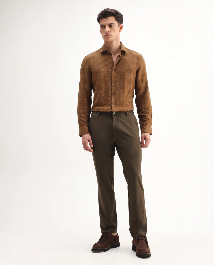 Rare Rabbit Men's Travel-Aw25 Dark Brown Polyester Blend Plain Regular Fit Trouser