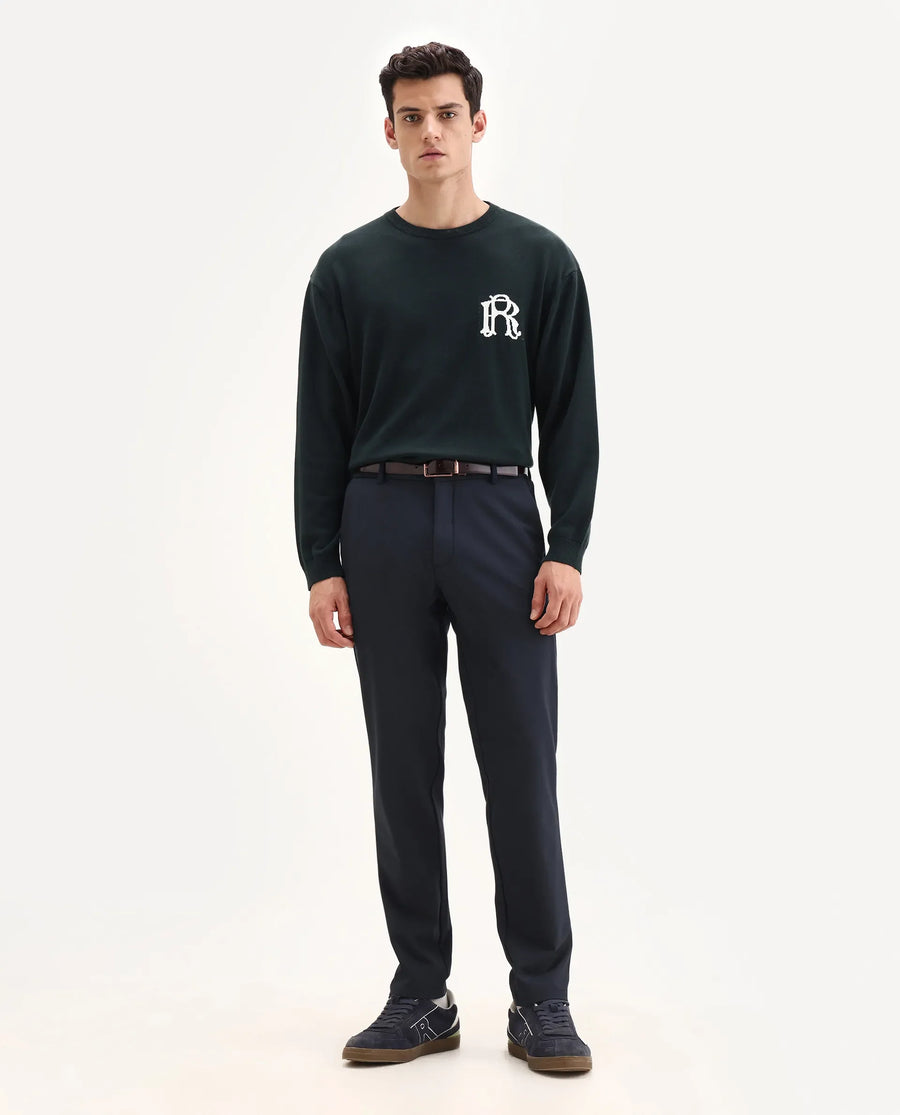 Rare Rabbit Men Travel-Aw25 Dark Navy Polyester Blend Plain Regular Fit Trouser