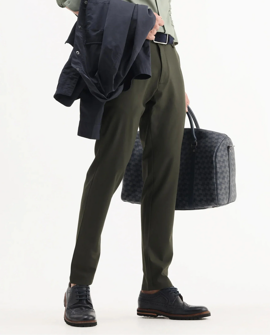 Rare Rabbit Men Travel-Aw25 Green Polyester Fabric Button And Zip Closure Closure Plain Trouser