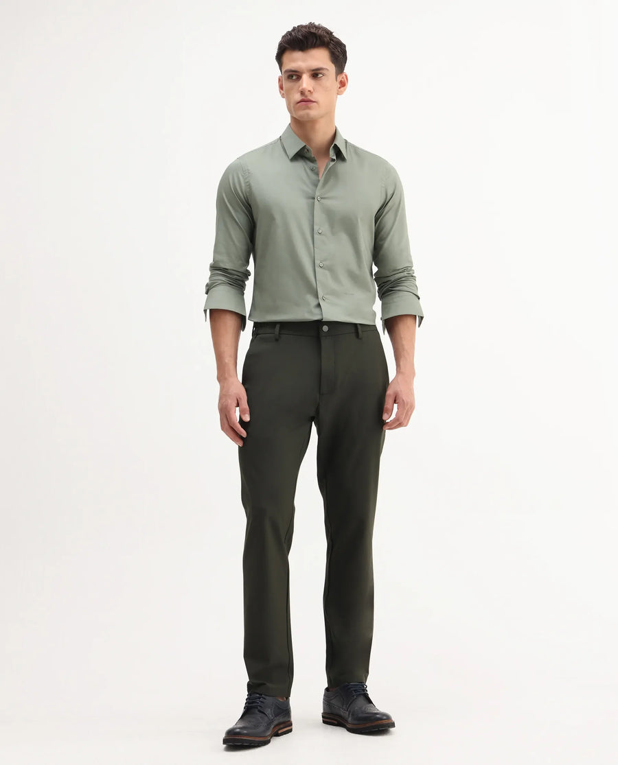 Rare Rabbit Men Travel-Aw25 Green Polyester Fabric Button And Zip Closure Closure Plain Trouser