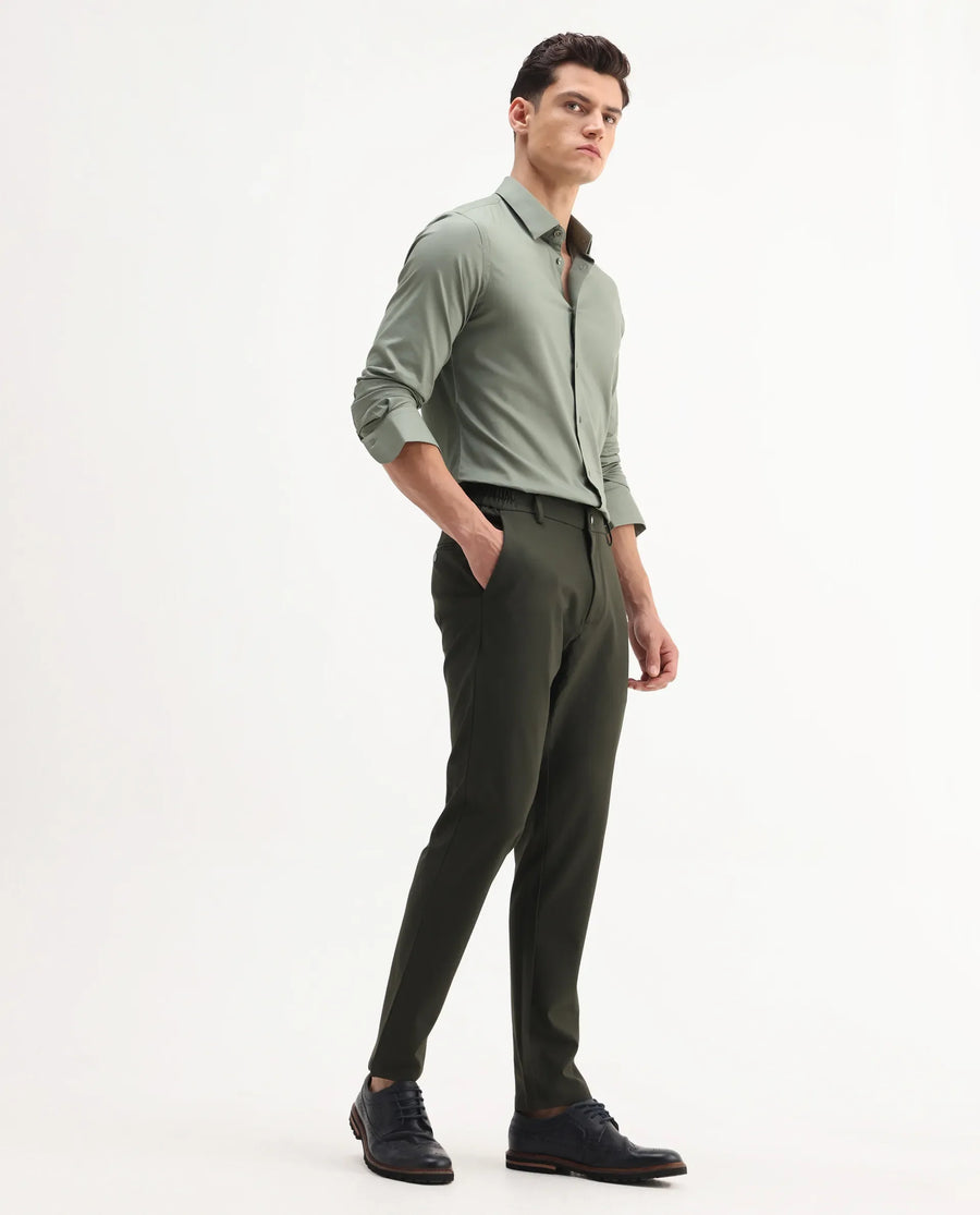 Rare Rabbit Men Travel-Aw25 Green Polyester Fabric Button And Zip Closure Closure Plain Trouser