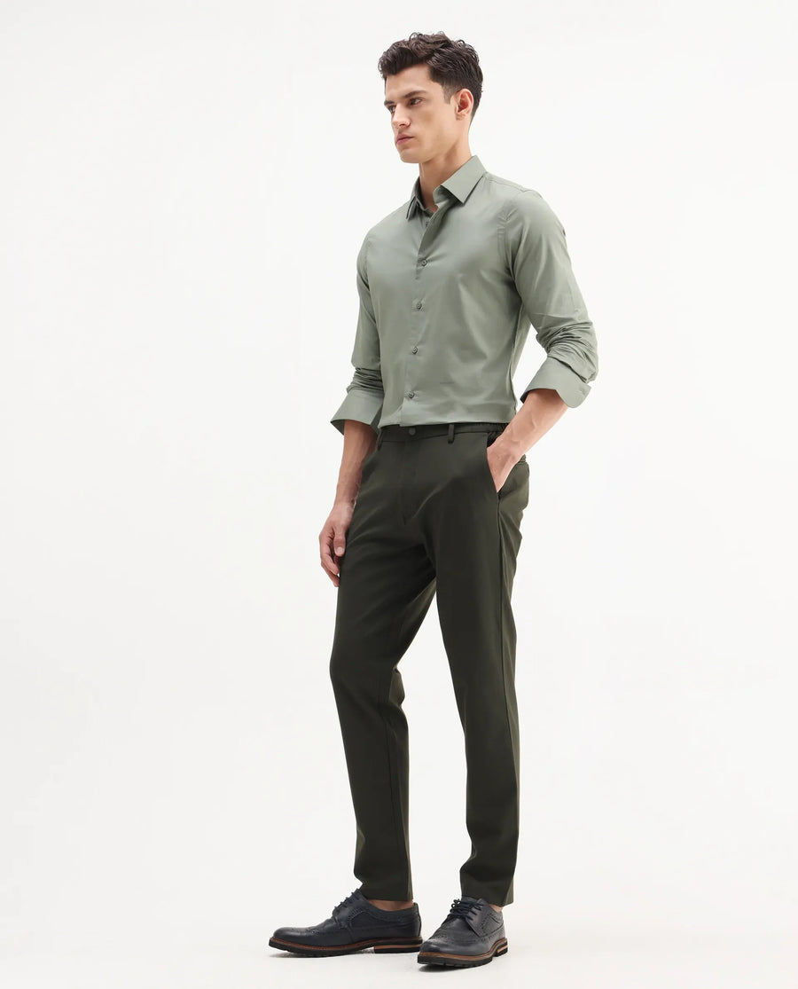 Rare Rabbit Men Travel-Aw25 Green Polyester Fabric Button And Zip Closure Closure Plain Trouser