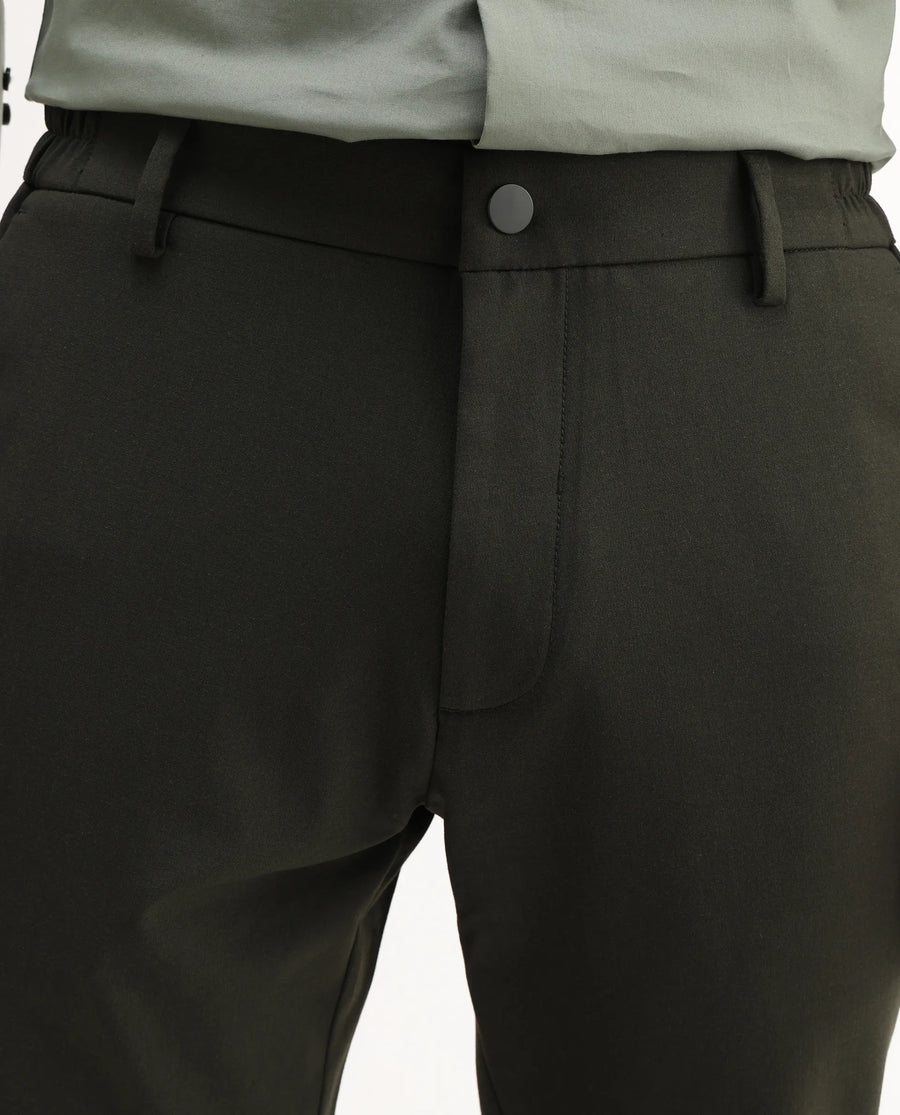 Rare Rabbit Men Travel-Aw25 Green Polyester Fabric Button And Zip Closure Closure Plain Trouser