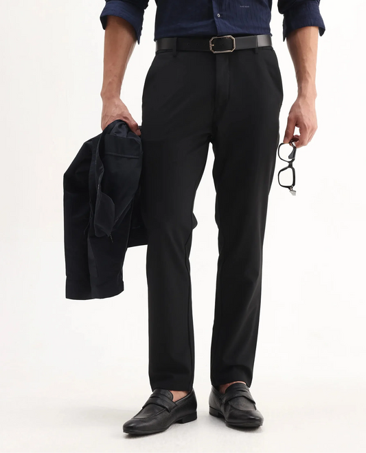 Rare Rabbit Men's Travel-Aw25 Black Polyester Fabric Button And Zip Closure Closure Plain Trouser