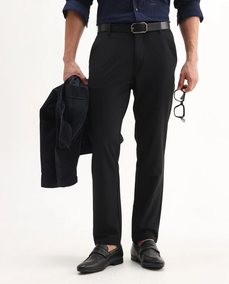Rare Rabbit Men's Travel-Aw25 Black Polyester Fabric Button And Zip Closure Closure Plain Trouser