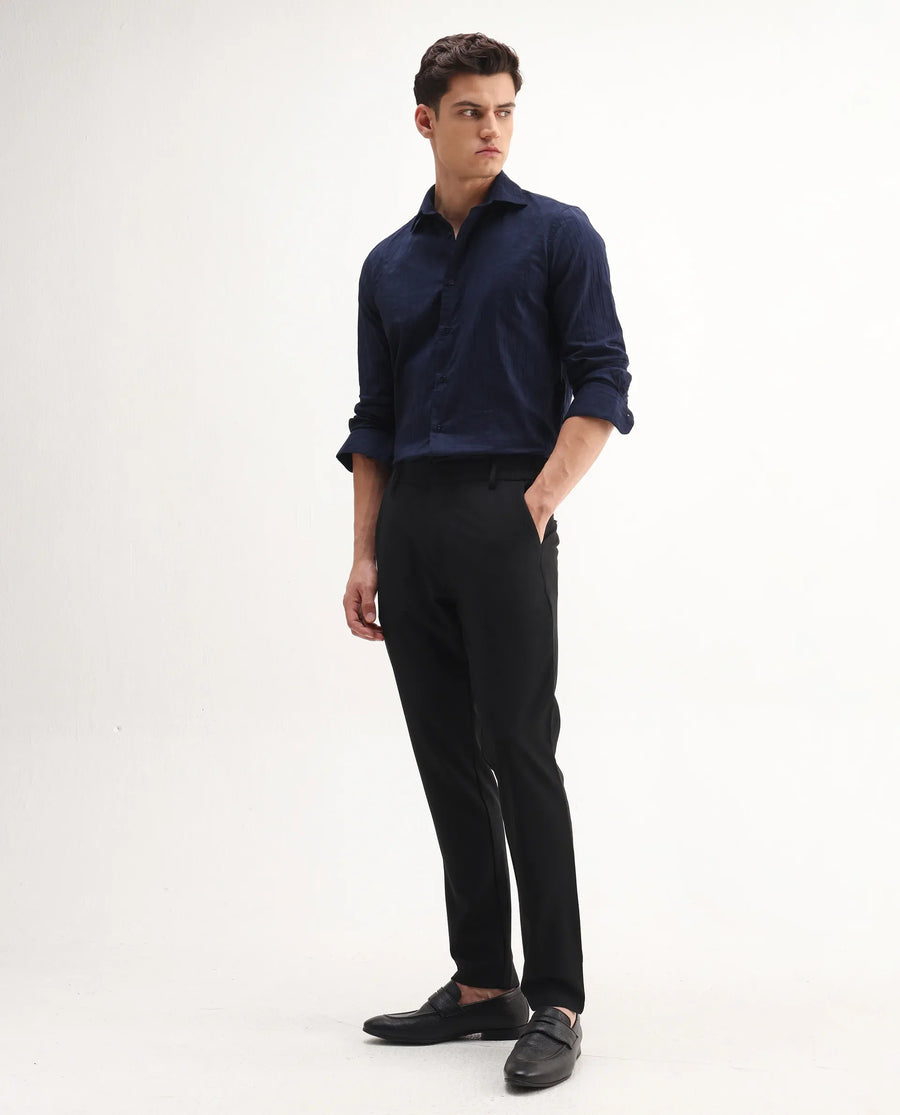 Rare Rabbit Men's Travel-Aw25 Black Polyester Fabric Button And Zip Closure Closure Plain Trouser