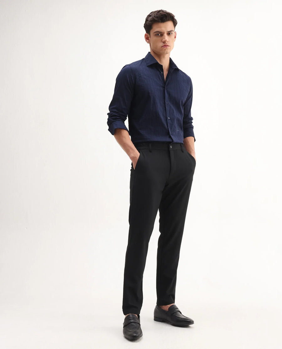 Rare Rabbit Men's Travel-Aw25 Black Polyester Fabric Button And Zip Closure Closure Plain Trouser