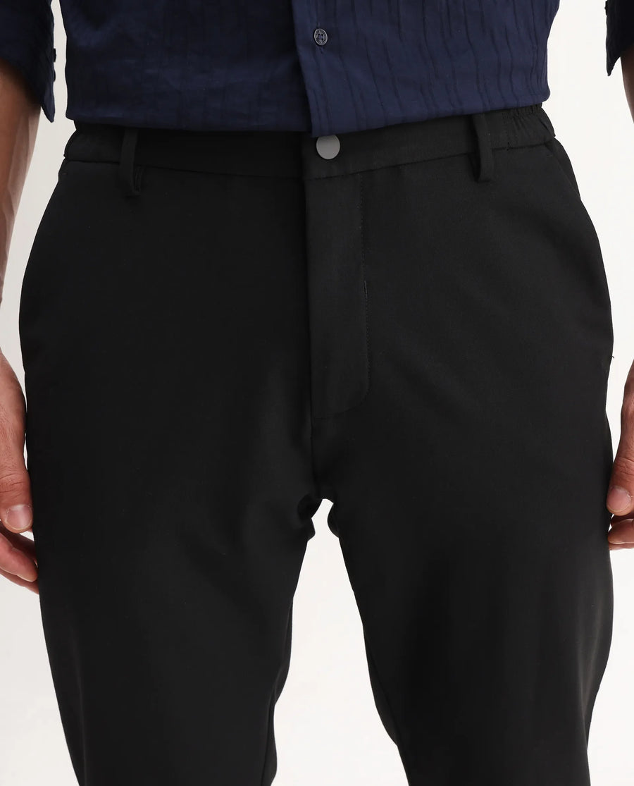 Rare Rabbit Men's Travel-Aw25 Black Polyester Fabric Button And Zip Closure Closure Plain Trouser