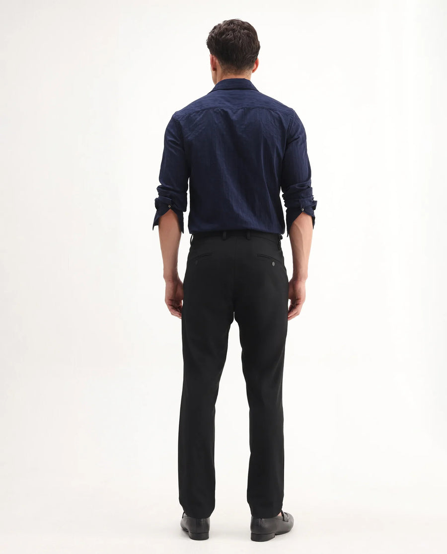 Rare Rabbit Men's Travel-Aw25 Black Polyester Fabric Button And Zip Closure Closure Plain Trouser
