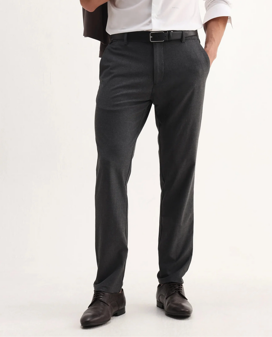Rare Rabbit Men's Travel-Aw25 Dark Grey Polyester Blend Plain Regular Fit Trouser