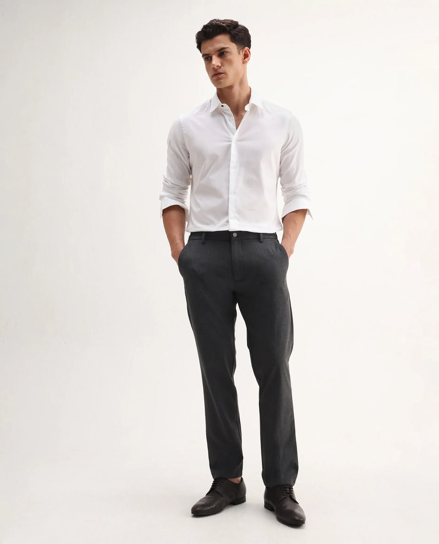 Rare Rabbit Men's Travel-Aw25 Dark Grey Polyester Blend Plain Regular Fit Trouser