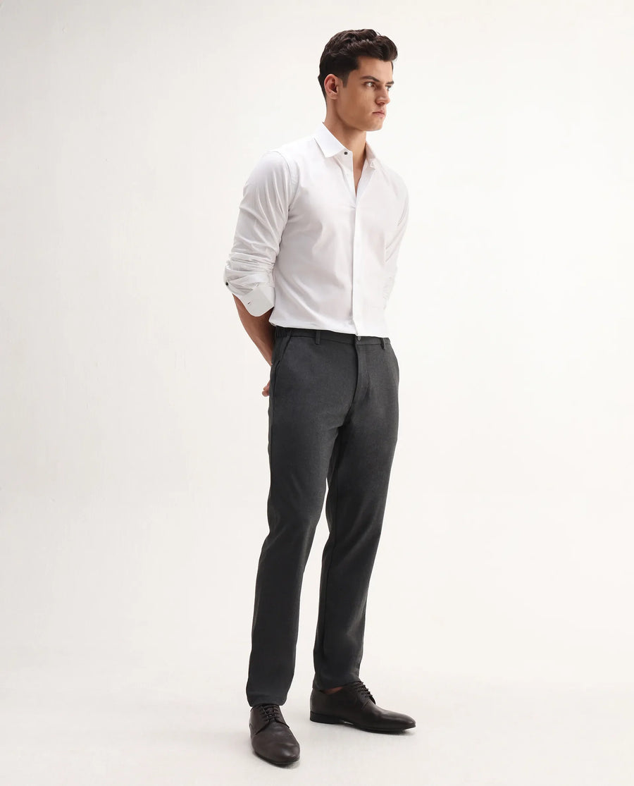 Rare Rabbit Men's Travel-Aw25 Dark Grey Polyester Blend Plain Regular Fit Trouser